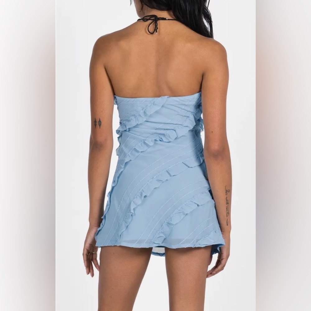 PRINCESS POLLY Lars strapless RUFFLES mini dress blue 10 - Picture 3 of 9